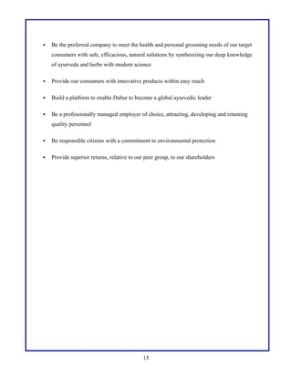 

Be the preferred company to meet the health and personal grooming needs of our target
consumers with safe, efficacious, natural solutions by synthesizing our deep knowledge
of ayurveda and herbs with modern science



Provide our consumers with innovative products within easy reach



Build a platform to enable Dabur to become a global ayurvedic leader



Be a professionally managed employer of choice, attracting, developing and retaining
quality personnel



Be responsible citizens with a commitment to environmental protection



Provide superior returns, relative to our peer group, to our shareholders

15

 