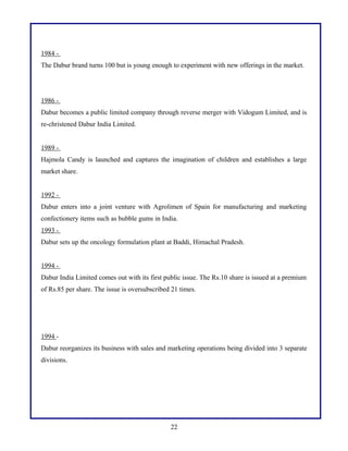 1984 The Dabur brand turns 100 but is young enough to experiment with new offerings in the market.

1986 Dabur becomes a public limited company through reverse merger with Vidogum Limited, and is
re-christened Dabur India Limited.
1989 Hajmola Candy is launched and captures the imagination of children and establishes a large
market share.
1992 Dabur enters into a joint venture with Agrolimen of Spain for manufacturing and marketing
confectionery items such as bubble gums in India.
1993 Dabur sets up the oncology formulation plant at Baddi, Himachal Pradesh.
1994 Dabur India Limited comes out with its first public issue. The Rs.10 share is issued at a premium
of Rs.85 per share. The issue is oversubscribed 21 times.

1994 Dabur reorganizes its business with sales and marketing operations being divided into 3 separate
divisions.

22

 