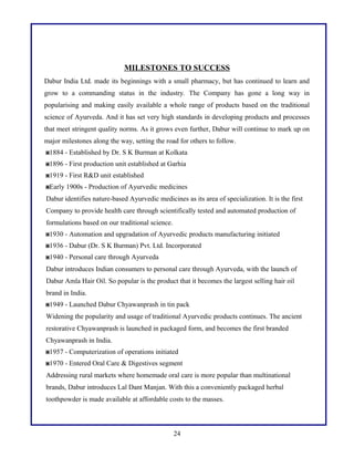 MILESTONES TO SUCCESS
Dabur India Ltd. made its beginnings with a small pharmacy, but has continued to learn and
grow to a commanding status in the industry. The Company has gone a long way in
popularising and making easily available a whole range of products based on the traditional
science of Ayurveda. And it has set very high standards in developing products and processes
that meet stringent quality norms. As it grows even further, Dabur will continue to mark up on
major milestones along the way, setting the road for others to follow.
1884 - Established by Dr. S K Burman at Kolkata
1896 - First production unit established at Garhia
1919 - First R&D unit established
Early 1900s - Production of Ayurvedic medicines
Dabur identifies nature-based Ayurvedic medicines as its area of specialization. It is the first
Company to provide health care through scientifically tested and automated production of
formulations based on our traditional science.
1930 - Automation and upgradation of Ayurvedic products manufacturing initiated
1936 - Dabur (Dr. S K Burman) Pvt. Ltd. Incorporated
1940 - Personal care through Ayurveda
Dabur introduces Indian consumers to personal care through Ayurveda, with the launch of
Dabur Amla Hair Oil. So popular is the product that it becomes the largest selling hair oil
brand in India.
1949 - Launched Dabur Chyawanprash in tin pack
Widening the popularity and usage of traditional Ayurvedic products continues. The ancient
restorative Chyawanprash is launched in packaged form, and becomes the first branded
Chyawanprash in India.
1957 - Computerization of operations initiated
1970 - Entered Oral Care & Digestives segment
Addressing rural markets where homemade oral care is more popular than multinational
brands, Dabur introduces Lal Dant Manjan. With this a conveniently packaged herbal
toothpowder is made available at affordable costs to the masses.

24

 