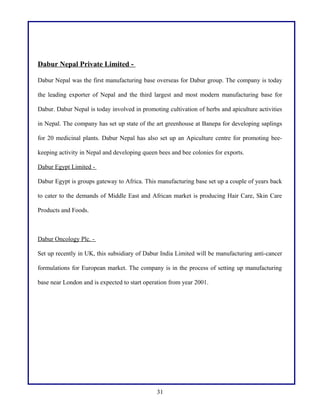 Dabur Nepal Private Limited Dabur Nepal was the first manufacturing base overseas for Dabur group. The company is today
the leading exporter of Nepal and the third largest and most modern manufacturing base for
Dabur. Dabur Nepal is today involved in promoting cultivation of herbs and apiculture activities
in Nepal. The company has set up state of the art greenhouse at Banepa for developing saplings
for 20 medicinal plants. Dabur Nepal has also set up an Apiculture centre for promoting beekeeping activity in Nepal and developing queen bees and bee colonies for exports.
Dabur Egypt Limited Dabur Egypt is groups gateway to Africa. This manufacturing base set up a couple of years back
to cater to the demands of Middle East and African market is producing Hair Care, Skin Care
Products and Foods.

Dabur Oncology Plc. Set up recently in UK, this subsidiary of Dabur India Limited will be manufacturing anti-cancer
formulations for European market. The company is in the process of setting up manufacturing
base near London and is expected to start operation from year 2001.

31

 