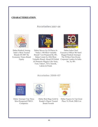 CHARACTERIZATION

Dabur Ranked Among
Dabur Moves Up 20 Places In
Dabur India Chief
India’s Most Trusted
“India’s 100 Most Valuable
Executive Officer Mr Sunil
Brands Of 2007 By
Brands” List Prepared By 4Ps.
Duggal Ranked Amongst
Economic Times-Brand
Dabur Listed As 45th Most
The 50 Best Non-Owner
Equity
Valuable Brand, Ahead Of Global Corporate Leaders In India
& Domestic Biggies Like Sony,
Inc, by 4Ps
Ford, Yahoo!, TCS, Sunsilk,
Lakme & Ponds

Dabur Amongst Top Three
Most Respected FMCG
Companies

Dabur Real Bags Gold In
Reader's Digest Trusted
Brand Awards

44

Dabur Figures In Top Great
Place To Work 2006 List

 