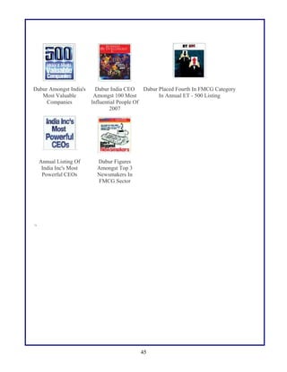 Dabur Amongst India's
Dabur India CEO
Dabur Placed Fourth In FMCG Category
Most Valuable
Amongst 100 Most
In Annual ET - 500 Listing
Companies
Influential People Of
2007

Annual Listing Of
India Inc's Most
Powerful CEOs

Dabur Figures
Amongst Top 3
Newsmakers In
FMCG Sector

.

45

 