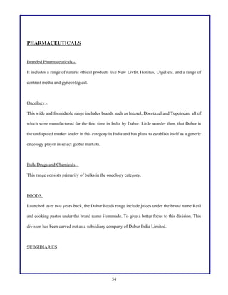 PHARMACEUTICALS

Branded Pharmaceuticals It includes a range of natural ethical products like New Livfit, Honitus, Ulgel etc. and a range of
contrast media and gynecological.

Oncology This wide and formidable range includes brands such as Intaxel, Docetaxel and Topotecan, all of
which were manufactured for the first time in India by Dabur. Little wonder then, that Dabur is
the undisputed market leader in this category in India and has plans to establish itself as a generic
oncology player in select global markets.

Bulk Drugs and Chemicals This range consists primarily of bulks in the oncology category.

FOODS
Launched over two years back, the Dabur Foods range include juices under the brand name Real
and cooking pastes under the brand name Hommade. To give a better focus to this division. This
division has been carved out as a subsidiary company of Dabur India Limited.

SUBSIDIARIES

54

 