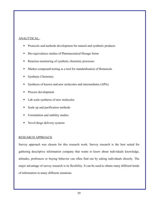 ANALYTICAL:


Protocols and methods development for natural and synthetic products



Bio-equivalence studies of Pharmaceutical Dosage forms



Reaction monitoring of synthetic chemistry processes



Marker compound testing as a tool for standardisation of Botanicals



Synthetic Chemistry:



Synthesis of known and new molecules and intermediates (APIs)



Process development



Lab scale synthesis of new molecules



Scale up and purification methods



Formulation and stability studies



Novel drugs delivery systems

RESEARCH APPROACH
Survey approach was chosen for this research work. Survey research is the best suited for
gathering descriptive information company that wants to know about individuals knowledge,
attitudes, prefrences or buying behavior can often find out by asking individuals directly. The
major advantage of survey research is its flexibility. It can be used to obtain many different kinds
of information in many different situations

59

 
