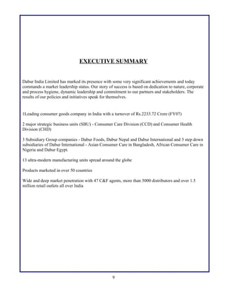 EXECUTIVE SUMMARY
Dabur India Limited has marked its presence with some very significant achievements and today
commands a market leadership status. Our story of success is based on dedication to nature, corporate
and process hygiene, dynamic leadership and commitment to our partners and stakeholders. The
results of our policies and initiatives speak for themselves.

1Leading consumer goods company in India with a turnover of Rs.2233.72 Crore (FY07)
2 major strategic business units (SBU) - Consumer Care Division (CCD) and Consumer Health
Division (CHD)
3 Subsidiary Group companies - Dabur Foods, Dabur Nepal and Dabur International and 3 step down
subsidiaries of Dabur International - Asian Consumer Care in Bangladesh, African Consumer Care in
Nigeria and Dabur Egypt.
13 ultra-modern manufacturing units spread around the globe
Products marketed in over 50 countries
Wide and deep market penetration with 47 C&F agents, more than 5000 distributors and over 1.5
million retail outlets all over India

9

 