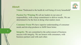 Vision-"Dedicated to the health & well being of every household“
Passion For Winning-We all are leaders in our area of
responsibility, with a deep commitment to deliver results. We are
determined to be the best at doing what matters most.
Consumer Focus-We have superior understanding of consumer
needs and develop products to fulfill them better.
Integrity- We are committed to the achievement of business
success with integrity. We are honest with consumers, with
business partners and with each other.
About:
3
 