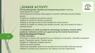 ❑DABUR ACTIVITY
6.Promoting gender equality and empowering women including:
•Adult literacy for women.
•Promoting and providing credit support to women's self-help and joint liability
groups.
•Training in vocations pursued by women.
•Setting up homes for women & orphans;
•Setting up old-age homes & other facilities for senior citizens
•Setting up hostels for working and student women, day care centers for kids of
working women
7.Contribution or funds provided to technology incubators located within
academic institutions which are approved by the Central Government.
8.Rural Development Projects.
9.Other Activities:
•Promotion of Sports with special focus on training for rural sports, nationally recognized
sports, Paralympic sports, Olympic sports.
•Welfare for differently disabled persons
•Setting up public libraries
•Reducing inequalities faced by the socially and economically backward groups
•Welfare of armed forces personnel, war widows and their dependents
47
 