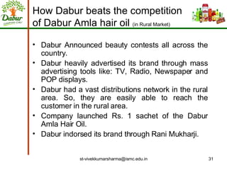 How Dabur beats the competition  of Dabur Amla hair oil   (in Rural Market) Dabur Announced beauty contests all across the country.  Dabur heavily advertised its brand through mass advertising tools like: TV, Radio, Newspaper and POP displays.   Dabur had a vast distributions network in the rural area. So, they are easily able to reach the customer in the rural area. Company launched Rs. 1 sachet of the Dabur Amla Hair Oil.  Dabur indorsed its brand through Rani Mukharji.  