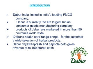 INTRODUCTION







Dabur india limited is india's leading FMCG
company.
Dabur is currently the 4th largest Indian
consumer goods manufacturing company
products of dabur are marketed in more than 50
countries world wide
Dabur's health care range brings for the customer
a wide selection of herbal products.
Dabur chyawanprash and hajmola both gives
revenue of rs.100 crores each

 