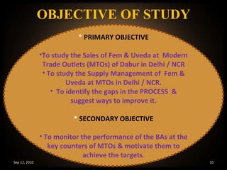 OBJECTIVE OF STUDY Sep 12, 2010 *  PRIMARY OBJECTIVE To study the Sales of Fem & Uveda at  Modern Trade Outlets (MTOs) of Dabur in Delhi / NCR To study the Supply Management of  Fem & Uveda at MTOs in Delhi / NCR. To identify the gaps in the PROCESS  & suggest ways to improve it. *  SECONDARY OBJECTIVE To monitor the performance of the BAs at the key counters of MTOs & motivate them to achieve the targets . 