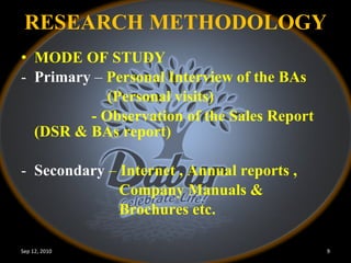 RESEARCH METHODOLOGY MODE OF STUDY Primary  –  Personal Interview of the BAs  (Personal visits) - Observation of the Sales Report  (DSR & BAs report) Secondary   –  Internet , Annual reports ,  Company Manuals &  Brochures etc. Sep 12, 2010 