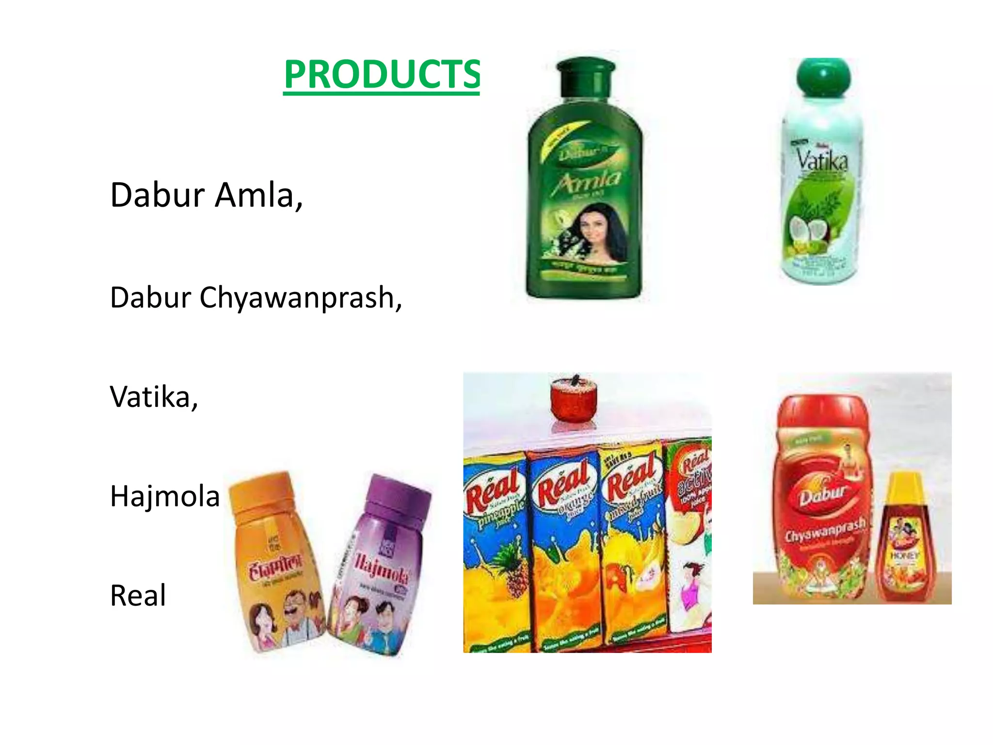 PRODUCTS

Dabur Amla,

Dabur Chyawanprash,


Vatika,


Hajmola &


Real
 