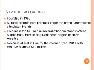 NAMASTE LABORATORIES
 Founded in 1996
 Markets a portfolio of products under the brand ‘Organic root
  stimulator’ brands
 Present in the US, and in several other countries in Africa,
  Middle East, Europe and Caribbean Region of North
  America
 Revenue of $93 million for the calendar year 2010 with
  EBITDA of about $12 million



                                                           35
 