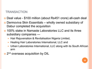 TRANSACTION

 Deal value - $100 million (about Rs451 crore) all-cash deal
 Dermoviva Skin Essentials – wholly owned subsidiary of
  Dabur completed the acquisition
 100% stake in Namaste Laboratories LLC and its three
  subsidiary companies —
     Hair Rejuvenation & Revitalisation Nigeria Limited,
     Healing Hair Laboratories International, LLC and
     Urban Laboratories International, LLC along with its South African
      arm
   2nd overseas acquisition by DIL

                                                                    36
 