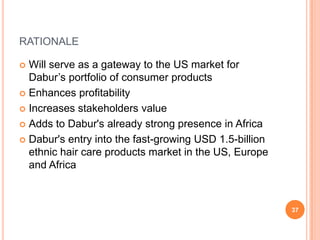 RATIONALE

 Will serve as a gateway to the US market for
  Dabur’s portfolio of consumer products
 Enhances profitability

 Increases stakeholders value

 Adds to Dabur's already strong presence in Africa

 Dabur's entry into the fast-growing USD 1.5-billion
  ethnic hair care products market in the US, Europe
  and Africa



                                                        37
 