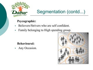Segmentation (contd...)
Psycographic:
 Believers/Strivers who are self confident.
 Family belonging to High spending group.
Behavioural:
 Any Occasion.
 