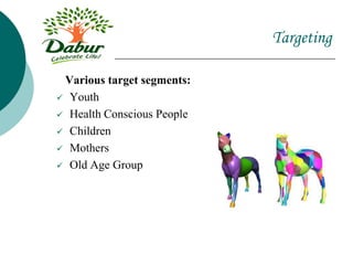 Various target segments:
 Youth
 Health Conscious People
 Children
 Mothers
 Old Age Group
Targeting
 
