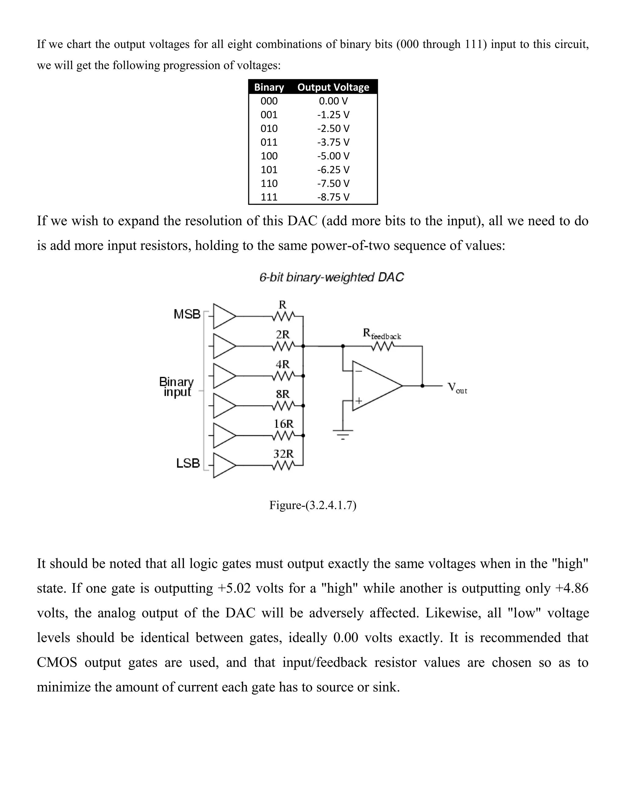 If we chart the output voltages for all eight combinations of binary bits (000 through 111) input to this circuit,
we will get the following progression of voltages:
                                            Binary   Output Voltage
                                             000         0.00 V
                                             001        -1.25 V
                                             010        -2.50 V
                                             011        -3.75 V
                                             100        -5.00 V
                                             101        -6.25 V
                                             110        -7.50 V
                                             111        -8.75 V

If we wish to expand the resolution of this DAC (add more bits to the input), all we need to do
is add more input resistors, holding to the same power-of-two sequence of values:




                                                Figure-(3.2.4.1.7)



It should be noted that all logic gates must output exactly the same voltages when in the "high"
state. If one gate is outputting +5.02 volts for a "high" while another is outputting only +4.86
volts, the analog output of the DAC will be adversely affected. Likewise, all "low" voltage
levels should be identical between gates, ideally 0.00 volts exactly. It is recommended that
CMOS output gates are used, and that input/feedback resistor values are chosen so as to
minimize the amount of current each gate has to source or sink.
 