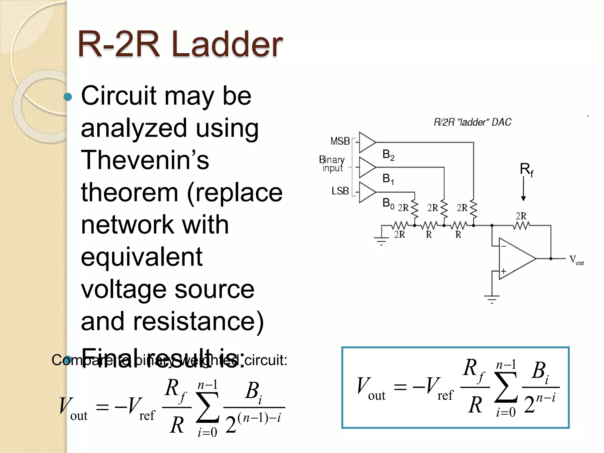 R-2R Ladder
 Circuit may be
analyzed using
Thevenin’s
theorem (replace
network with
equivalent
voltage source
and resistance)
 Final result is: 1
out ref
0 2
n
f i
n i
i
R B
V V
R



  
B2
B1
B0
Rf
Compare to binary weighted circuit:
1
out ref ( 1)
0 2
n
f i
n i
i
R B
V V
R

 

  
 