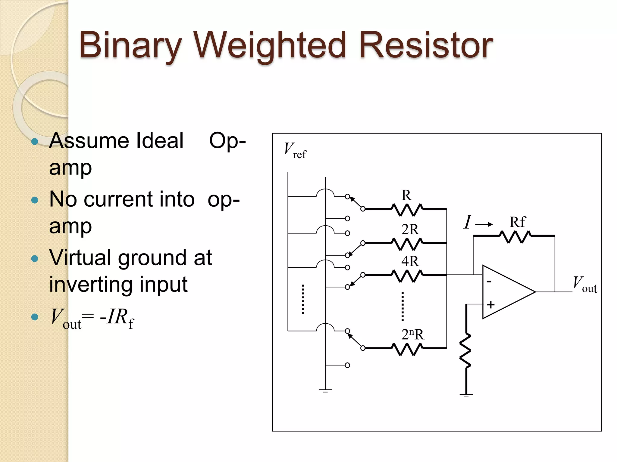 Binary Weighted Resistor
 Assume Ideal Op-
amp
 No current into op-
amp
 Virtual ground at
inverting input
 Vout= -IRf
-
+
R
2R
4R
2nR
Rf
Vout
I
Vref
 