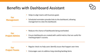 Benefits with Dashboard Assistant
▪ Helps to align teams with business goals
▪ Scheduled reminders provide links to the dashboard, allowing
management to view the dashboard.
For
Management
For
Project Admins
▪ Reduces the chance of dashboards being overlooked.
▪ Ensure dashboards are created with useful metrics that are useful for
tracking project's success.
For
Project Teams
▪ Regular check-ins help users identify issues that happen over time
▪ Encourages users to address long-standing backlog items
 