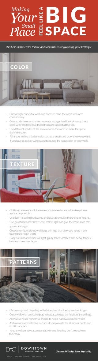 Use these ideas for color, texture, and patterns to make your living space feel larger -- Choose light colors for walls an...