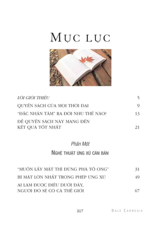 MỤC L ỤC
LỜI GIỚI THIỆU 5
QUYỂN SÁCH CỦA MỌI THỜI ĐẠI 9
“ĐẮC NHÂN TÂM” RA ĐỜI NHƯ THẾ NÀO? 13
ĐỂ QUYỂN SÁCH NÀY MANG ĐẾN
KẾT QUẢ TỐT NHẤT 21
Phần Một
“MUỐN LẤY MẬT THÌ ĐỪNG PHÁ TỔ ONG” 31
BÍ MẬT LỚN NHẤT TRONG PHÉP ỨNG XỬ 49
AI LÀM ĐƯỢC ĐIỀU DƯỚI ĐÂY,
NGƯỜI ĐÓ SẼ CÓ CẢ THẾ GIỚI 67
317
 