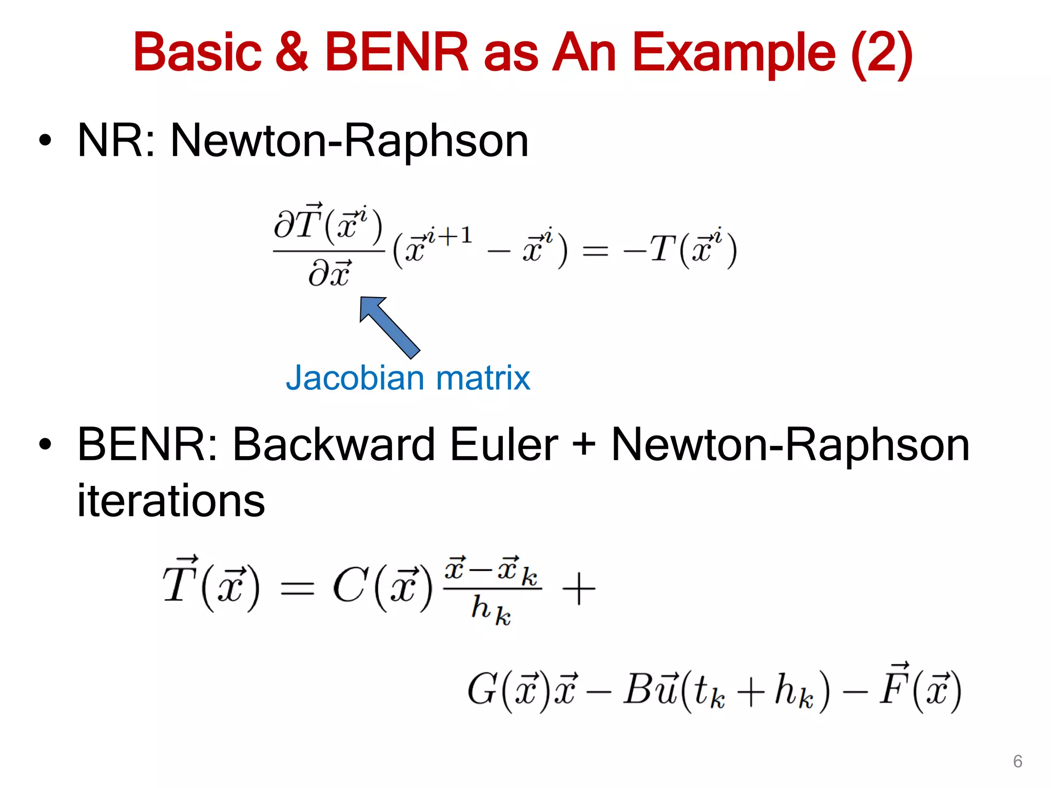 Basic & BENR as An Example (2)
• NR: Newton-Raphson
• BENR: Backward Euler + Newton-Raphson
iterations
6
Jacobian matrix