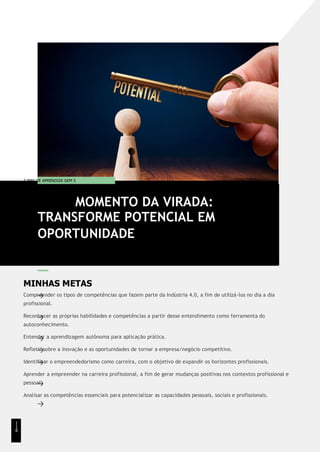 T EMA DE APRENDIZA GEM 5
MINHAS METAS
Compreender os tipos de competências que fazem parte da Indústria 4.0, a fim de utilizá-los no dia a dia
profissional.
Reconhecer as próprias habilidades e competências a partir desse entendimento como ferramenta do
autoconhecimento.
Entender a aprendizagem autônoma para aplicação prática.
Refletir sobre a inovação e as oportunidades de tornar a empresa/negócio competitivo.
Identificar o empreendedorismo como carreira, com o objetivo de expandir os horizontes profissionais.
Aprender a empreender na carreira profissional, a fim de gerar mudanças positivas nos contextos profissional e
pessoal.
Analisar as competências essenciais para potencializar as capacidades pessoais, sociais e profissionais.
MOMENTO DA VIRADA:
TRANSFORME POTENCIAL EM
OPORTUNIDADE
1
1
8
 