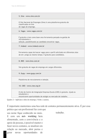 TEMA DE APRENDIZAGEM 7
1
9
5. Sine - www.sine.com.br
O Site Nacional de Empregos (Sine) é uma plataforma gratuita de
classificados on-line
de vagas de emprego.
6. Vagas - www.vagas.com.br
É gratuito e tem como base uma ferramenta pensada na gestão de
recrutamento e
seleção, possibilitando ao candidato encontrar vagas.
7. Indeed - www.indeed.com.br
Ferramenta capaz de buscar vagas para o perfil solicitado em diferentes sites
de em- prego ao mesmo tempo. É gratuito para candidatos.
8. BNE - www.bne.com.br
Site gratuito de vagas de emprego em cargos diferentes.
9. Gupy - www.gupy.com.br
Plataforma de recrutamento e seleção.
10. CIEE - www.ciee.org.br
O site do Centro de Integração Empresa-Escola (CIEE) é gratuito. Ajuda os
estudantes a
encontrarem oportunidades de estágio no mercado de trabalho.
Quadro 3 – Agências e sites de emprego / Fonte: a autora.
É importante mantermos uma boa rede de contatos permanentemente ativa. É por essa
prática que um profissional faz com que
seu nome fique conhecido no meio.
E com um net- working bem
alimentado, com a convivência e o
apoio de pessoas, é possível manter e
fazer novos contatos, se atualizar em
relação ao mercado, abrir portas e
gerar novas oportunidades de
trabalho.
 