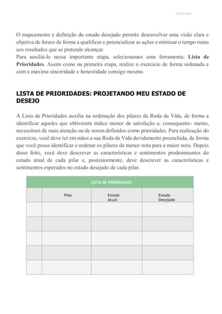 UNICESUMAR
O mapeamento e definição do estado desejado permite desenvolver uma visão clara e
objetiva de futuro de forma a qualificar e potencializar as ações e otimizar o tempo rumo
aos resultados que se pretende alcançar.
Para auxiliá-lo nessa importante etapa, selecionamos uma ferramenta: Lista de
Prioridades. Assim como na primeira etapa, realize o exercício de forma ordenada e
com a máxima sinceridade e honestidade consigo mesmo.
LISTA DE PRIORIDADES: PROJETANDO MEU ESTADO DE
DESEJO
A Lista de Prioridades auxilia na ordenação dos pilares da Roda da Vida, de forma a
identificar aqueles que obtiveram índice menor de satisfação e, consequente- mente,
necessitam de mais atenção ou de serem definidos como prioridades. Para realização do
exercício, você deve ter em mãos a sua Roda da Vida devidamente preenchida, de forma
que você possa identificar e ordenar os pilares da menor nota para a maior nota. Depois
disso feito, você deve descrever as características e sentimentos predominantes do
estado atual de cada pilar e, posteriormente, deve descrever as características e
sentimentos esperados no estado desejado de cada pilar.
LISTA DE PRIORIDADES
N
º
Pilar Estado
Atual
Estado
Desejado
0
1
0
2
0
3
0
4
0
5
 
