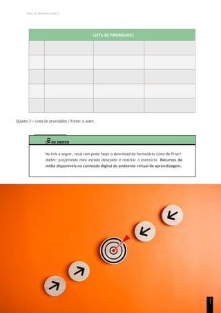 TEMA DE APRENDIZAGEM 2
LISTA DE PRIORIDADES
0
6
0
7
0
8
0
9
1
0
Quadro 2 – Lista de prioridades / Fonte: o autor.
EU INDICO
No link a seguir, você tem pode fazer o download do formulário Lista de Priori-
dades: projetando meu estado desejado e realizar o exercício. Recursos de
mídia disponíveis no conteúdo digital do ambiente virtual de aprendizagem.
5
1
 