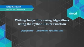 March 8–11, 2016 | Palm Springs, CA
Esri Developer Summit
Writing Image Processing Algorithms
using the Python Raster Function
Gregory Brunner Jamie Drisdelle Feroz Abdul Kadar
 
