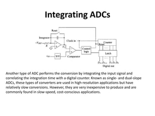 Integrating ADCs
Another type of ADC performs the conversion by integrating the input signal and
correlating the integration time with a digital counter. Known as single- and dual-slope
ADCs, these types of converters are used in high-resolution applications but have
relatively slow conversions. However, they are very inexpensive to produce and are
commonly found in slow-speed, cost-conscious applications.
 