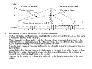 • Above Figure illustrates the behavior for two separate samples.
• The first integration is of fixed length, dictated by the counter, in which the sample-and-held signal
is integrated, resulting in the first slope.
• After the counter overflows and is reset, the reference voltage is connected to the input of the
integrator. Since 𝑉𝑖𝑛 was negative and the reference voltage is positive, the inverting integrator
output begins discharging back down to zero at a constant slope.
• A counter again measures the amount of time for the integrator to discharge, thus generating the
digital output.
• Notice that the first slope varies according to the value of the input signal, while the second slope,
dependent only on 𝑉𝑟𝑒𝑓, is constant. Similarly, the time required to generate the first slope is
constant, since it is limited by the size of the counter.
• However, the discharging period is variable and results in the digital representation of the input
voltage.
 