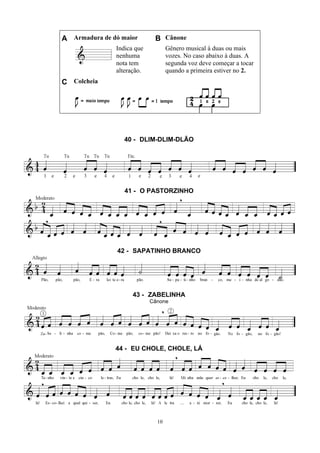 10
A Armadura de dó maior B Cânone
Indica que
nenhuma
nota tem
alteração.
Gênero musical à duas ou mais
vozes. No caso abaixo à duas. A
segunda voz deve começar a tocar
quando a primeira estiver no 2.
C Colcheia
40 - DLIM-DLIM-DLÃO
41 - O PASTORZINHO
42 - SAPATINHO BRANCO
43 - ZABELINHA
Cânone
44 - EU CHOLE, CHOLE, LÁ
 