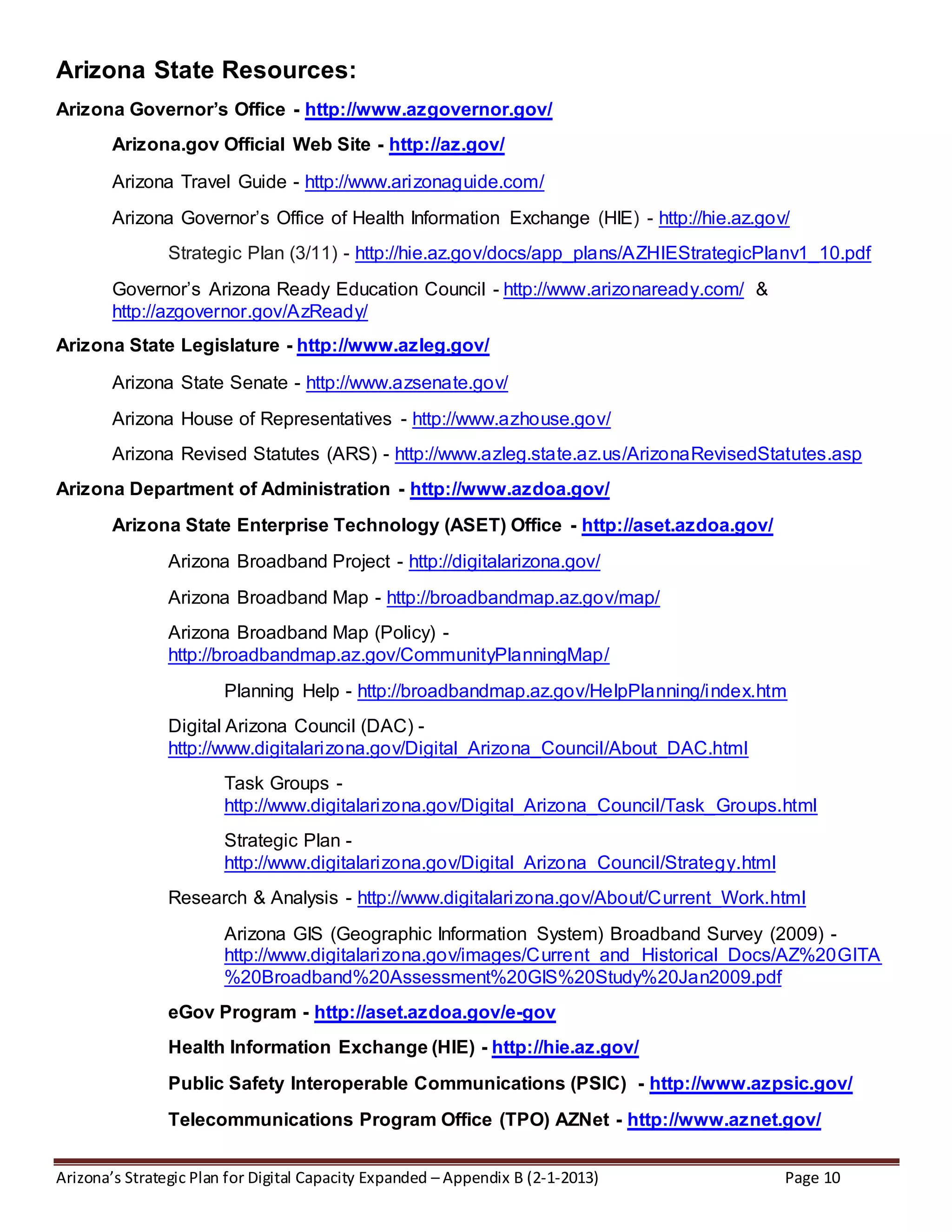Arizona’s Strategic Plan for Digital Capacity Expanded – Appendix B (2-1-2013) Page 10
Arizona State Resources:
Arizona Governor’s Office - http://www.azgovernor.gov/
Arizona.gov Official Web Site - http://az.gov/
Arizona Travel Guide - http://www.arizonaguide.com/
Arizona Governor’s Office of Health Information Exchange (HIE) - http://hie.az.gov/
Strategic Plan (3/11) - http://hie.az.gov/docs/app_plans/AZHIEStrategicPlanv1_10.pdf
Governor’s Arizona Ready Education Council - http://www.arizonaready.com/ &
http://azgovernor.gov/AzReady/
Arizona State Legislature - http://www.azleg.gov/
Arizona State Senate - http://www.azsenate.gov/
Arizona House of Representatives - http://www.azhouse.gov/
Arizona Revised Statutes (ARS) - http://www.azleg.state.az.us/ArizonaRevisedStatutes.asp
Arizona Department of Administration - http://www.azdoa.gov/
Arizona State Enterprise Technology (ASET) Office - http://aset.azdoa.gov/
Arizona Broadband Project - http://digitalarizona.gov/
Arizona Broadband Map - http://broadbandmap.az.gov/map/
Arizona Broadband Map (Policy) -
http://broadbandmap.az.gov/CommunityPlanningMap/
Planning Help - http://broadbandmap.az.gov/HelpPlanning/index.htm
Digital Arizona Council (DAC) -
http://www.digitalarizona.gov/Digital_Arizona_Council/About_DAC.html
Task Groups -
http://www.digitalarizona.gov/Digital_Arizona_Council/Task_Groups.html
Strategic Plan -
http://www.digitalarizona.gov/Digital_Arizona_Council/Strategy.html
Research & Analysis - http://www.digitalarizona.gov/About/Current_Work.html
Arizona GIS (Geographic Information System) Broadband Survey (2009) -
http://www.digitalarizona.gov/images/Current_and_Historical_Docs/AZ%20GITA
%20Broadband%20Assessment%20GIS%20Study%20Jan2009.pdf
eGov Program - http://aset.azdoa.gov/e-gov
Health Information Exchange (HIE) - http://hie.az.gov/
Public Safety Interoperable Communications (PSIC) - http://www.azpsic.gov/
Telecommunications Program Office (TPO) AZNet - http://www.aznet.gov/
 