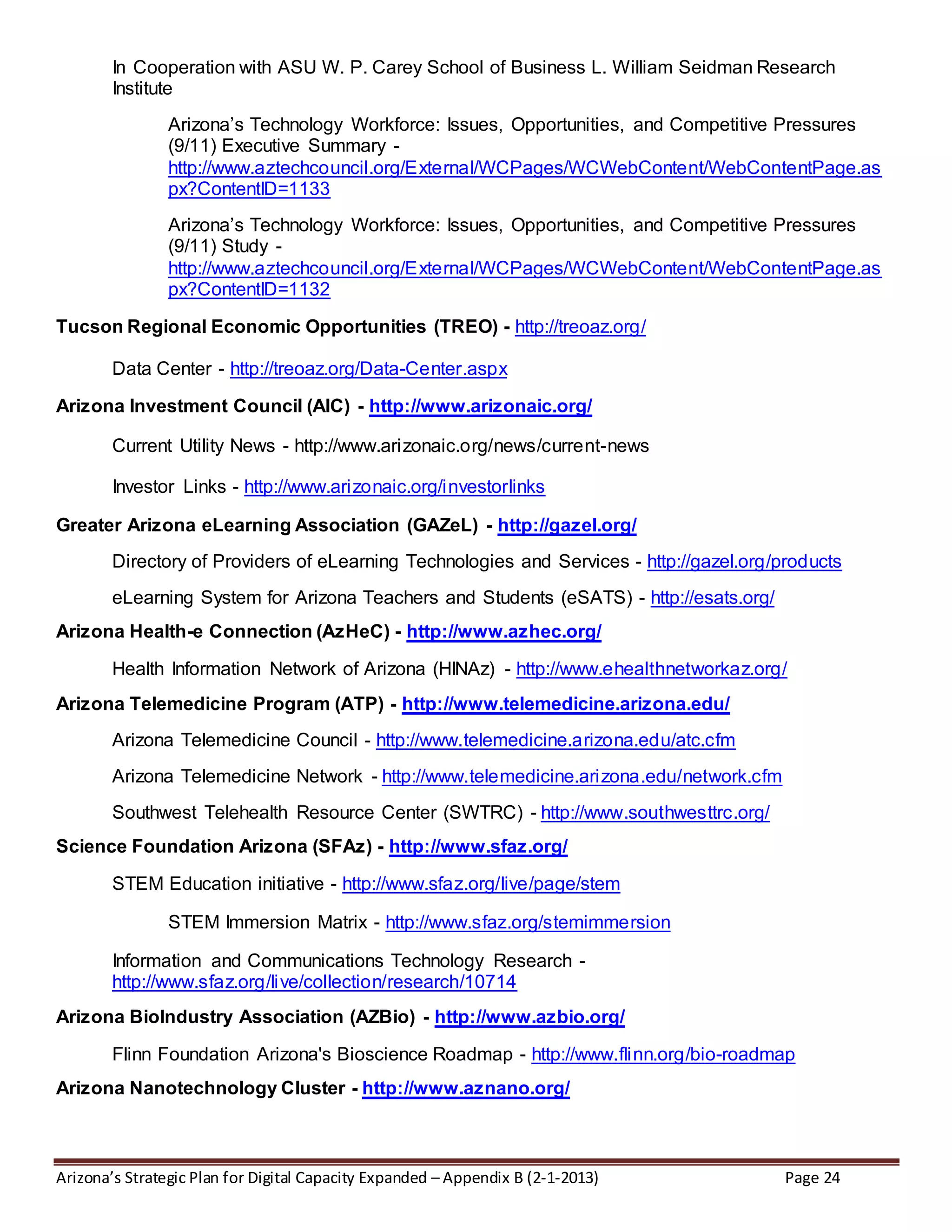 Arizona’s Strategic Plan for Digital Capacity Expanded – Appendix B (2-1-2013) Page 24
In Cooperation with ASU W. P. Carey School of Business L. William Seidman Research
Institute
Arizona’s Technology Workforce: Issues, Opportunities, and Competitive Pressures
(9/11) Executive Summary -
http://www.aztechcouncil.org/External/WCPages/WCWebContent/WebContentPage.as
px?ContentID=1133
Arizona’s Technology Workforce: Issues, Opportunities, and Competitive Pressures
(9/11) Study -
http://www.aztechcouncil.org/External/WCPages/WCWebContent/WebContentPage.as
px?ContentID=1132
Tucson Regional Economic Opportunities (TREO) - http://treoaz.org/
Data Center - http://treoaz.org/Data-Center.aspx
Arizona Investment Council (AIC) - http://www.arizonaic.org/
Current Utility News - http://www.arizonaic.org/news/current-news
Investor Links - http://www.arizonaic.org/investorlinks
Greater Arizona eLearning Association (GAZeL) - http://gazel.org/
Directory of Providers of eLearning Technologies and Services - http://gazel.org/products
eLearning System for Arizona Teachers and Students (eSATS) - http://esats.org/
Arizona Health-e Connection (AzHeC) - http://www.azhec.org/
Health Information Network of Arizona (HINAz) - http://www.ehealthnetworkaz.org/
Arizona Telemedicine Program (ATP) - http://www.telemedicine.arizona.edu/
Arizona Telemedicine Council - http://www.telemedicine.arizona.edu/atc.cfm
Arizona Telemedicine Network - http://www.telemedicine.arizona.edu/network.cfm
Southwest Telehealth Resource Center (SWTRC) - http://www.southwesttrc.org/
Science Foundation Arizona (SFAz) - http://www.sfaz.org/
STEM Education initiative - http://www.sfaz.org/live/page/stem
STEM Immersion Matrix - http://www.sfaz.org/stemimmersion
Information and Communications Technology Research -
http://www.sfaz.org/live/collection/research/10714
Arizona BioIndustry Association (AZBio) - http://www.azbio.org/
Flinn Foundation Arizona's Bioscience Roadmap - http://www.flinn.org/bio-roadmap
Arizona Nanotechnology Cluster - http://www.aznano.org/
 