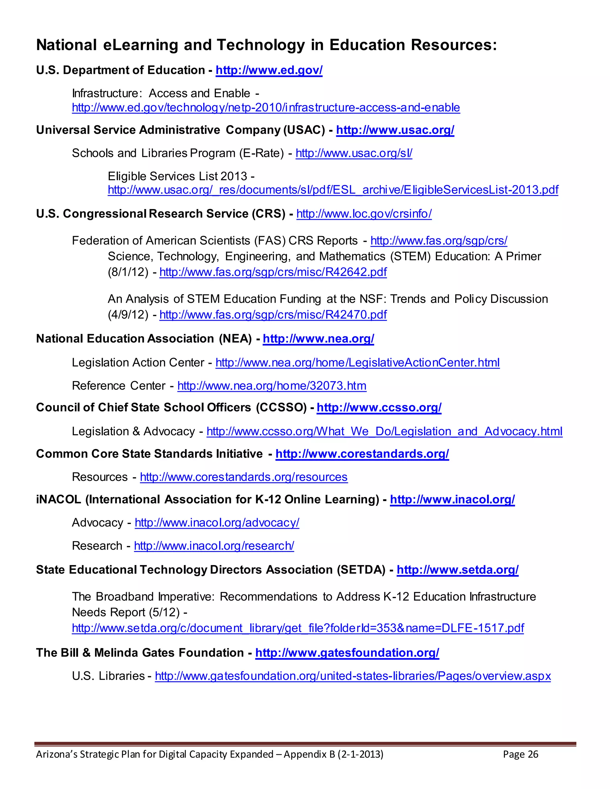 Arizona’s Strategic Plan for Digital Capacity Expanded – Appendix B (2-1-2013) Page 26
National eLearning and Technology in Education Resources:
U.S. Department of Education - http://www.ed.gov/
Infrastructure: Access and Enable -
http://www.ed.gov/technology/netp-2010/infrastructure-access-and-enable
Universal Service Administrative Company (USAC) - http://www.usac.org/
Schools and Libraries Program (E-Rate) - http://www.usac.org/sl/
Eligible Services List 2013 -
http://www.usac.org/_res/documents/sl/pdf/ESL_archive/EligibleServicesList-2013.pdf
U.S. Congressional Research Service (CRS) - http://www.loc.gov/crsinfo/
Federation of American Scientists (FAS) CRS Reports - http://www.fas.org/sgp/crs/
Science, Technology, Engineering, and Mathematics (STEM) Education: A Primer
(8/1/12) - http://www.fas.org/sgp/crs/misc/R42642.pdf
An Analysis of STEM Education Funding at the NSF: Trends and Policy Discussion
(4/9/12) - http://www.fas.org/sgp/crs/misc/R42470.pdf
National Education Association (NEA) - http://www.nea.org/
Legislation Action Center - http://www.nea.org/home/LegislativeActionCenter.html
Reference Center - http://www.nea.org/home/32073.htm
Council of Chief State School Officers (CCSSO) - http://www.ccsso.org/
Legislation & Advocacy - http://www.ccsso.org/What_We_Do/Legislation_and_Advocacy.html
Common Core State Standards Initiative - http://www.corestandards.org/
Resources - http://www.corestandards.org/resources
iNACOL (International Association for K-12 Online Learning) - http://www.inacol.org/
Advocacy - http://www.inacol.org/advocacy/
Research - http://www.inacol.org/research/
State Educational Technology Directors Association (SETDA) - http://www.setda.org/
The Broadband Imperative: Recommendations to Address K-12 Education Infrastructure
Needs Report (5/12) -
http://www.setda.org/c/document_library/get_file?folderId=353&name=DLFE-1517.pdf
The Bill & Melinda Gates Foundation - http://www.gatesfoundation.org/
U.S. Libraries - http://www.gatesfoundation.org/united-states-libraries/Pages/overview.aspx
 