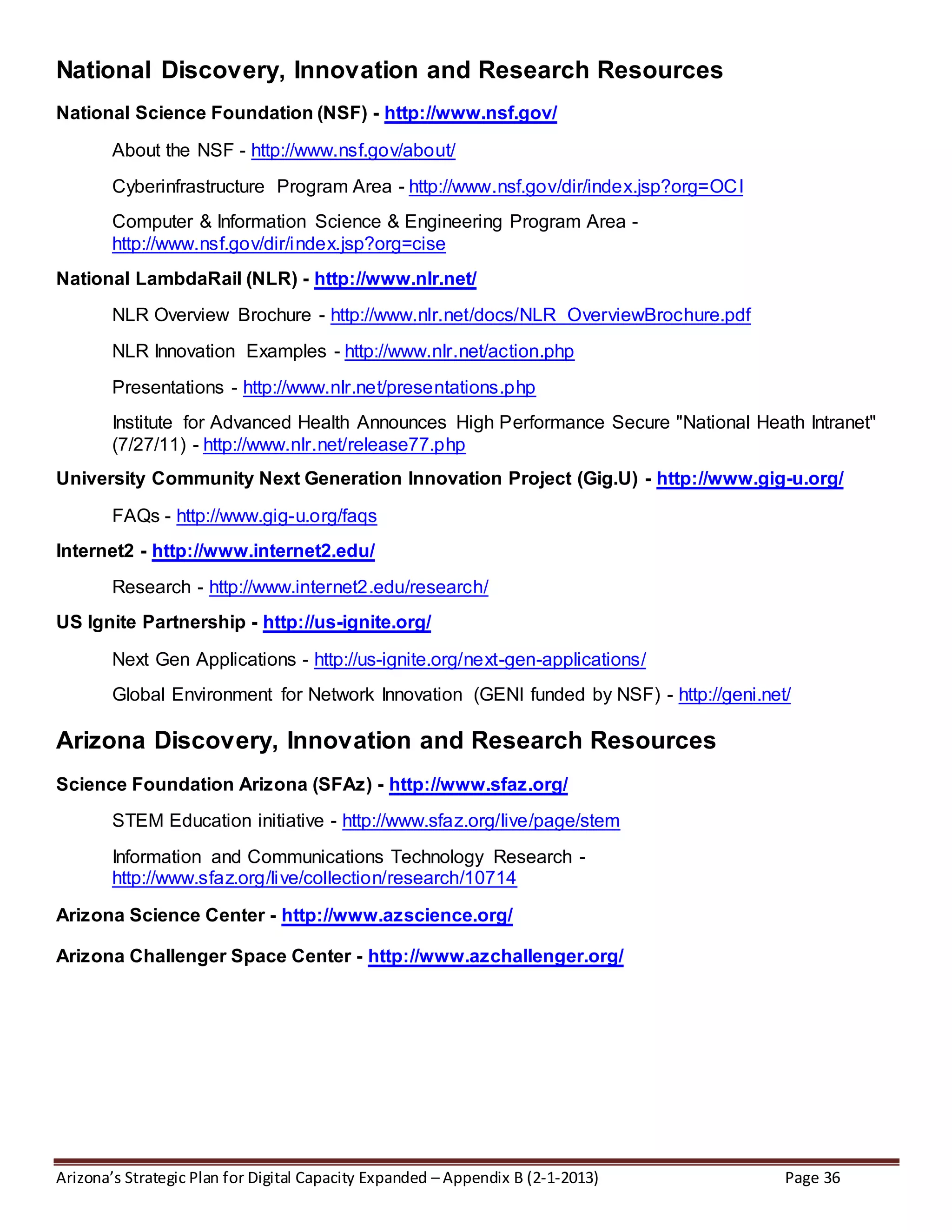 Arizona’s Strategic Plan for Digital Capacity Expanded – Appendix B (2-1-2013) Page 36
National Discovery, Innovation and Research Resources
National Science Foundation (NSF) - http://www.nsf.gov/
About the NSF - http://www.nsf.gov/about/
Cyberinfrastructure Program Area - http://www.nsf.gov/dir/index.jsp?org=OCI
Computer & Information Science & Engineering Program Area -
http://www.nsf.gov/dir/index.jsp?org=cise
National LambdaRail (NLR) - http://www.nlr.net/
NLR Overview Brochure - http://www.nlr.net/docs/NLR_OverviewBrochure.pdf
NLR Innovation Examples - http://www.nlr.net/action.php
Presentations - http://www.nlr.net/presentations.php
Institute for Advanced Health Announces High Performance Secure "National Heath Intranet"
(7/27/11) - http://www.nlr.net/release77.php
University Community Next Generation Innovation Project (Gig.U) - http://www.gig-u.org/
FAQs - http://www.gig-u.org/faqs
Internet2 - http://www.internet2.edu/
Research - http://www.internet2.edu/research/
US Ignite Partnership - http://us-ignite.org/
Next Gen Applications - http://us-ignite.org/next-gen-applications/
Global Environment for Network Innovation (GENI funded by NSF) - http://geni.net/
Arizona Discovery, Innovation and Research Resources
Science Foundation Arizona (SFAz) - http://www.sfaz.org/
STEM Education initiative - http://www.sfaz.org/live/page/stem
Information and Communications Technology Research -
http://www.sfaz.org/live/collection/research/10714
Arizona Science Center - http://www.azscience.org/
Arizona Challenger Space Center - http://www.azchallenger.org/
 