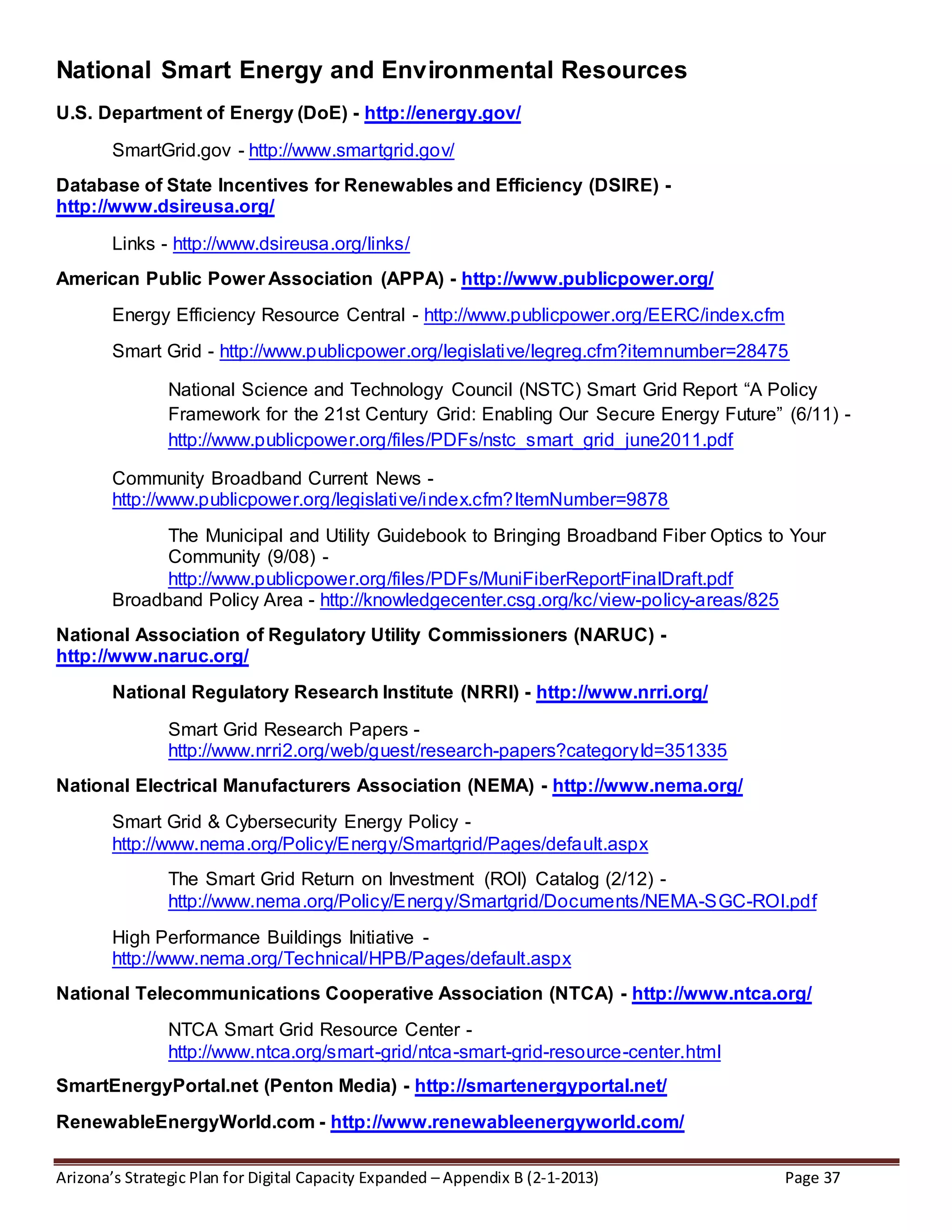 Arizona’s Strategic Plan for Digital Capacity Expanded – Appendix B (2-1-2013) Page 37
National Smart Energy and Environmental Resources
U.S. Department of Energy (DoE) - http://energy.gov/
SmartGrid.gov - http://www.smartgrid.gov/
Database of State Incentives for Renewables and Efficiency (DSIRE) -
http://www.dsireusa.org/
Links - http://www.dsireusa.org/links/
American Public Power Association (APPA) - http://www.publicpower.org/
Energy Efficiency Resource Central - http://www.publicpower.org/EERC/index.cfm
Smart Grid - http://www.publicpower.org/legislative/legreg.cfm?itemnumber=28475
National Science and Technology Council (NSTC) Smart Grid Report “A Policy
Framework for the 21st Century Grid: Enabling Our Secure Energy Future” (6/11) -
http://www.publicpower.org/files/PDFs/nstc_smart_grid_june2011.pdf
Community Broadband Current News -
http://www.publicpower.org/legislative/index.cfm?ItemNumber=9878
The Municipal and Utility Guidebook to Bringing Broadband Fiber Optics to Your
Community (9/08) -
http://www.publicpower.org/files/PDFs/MuniFiberReportFinalDraft.pdf
Broadband Policy Area - http://knowledgecenter.csg.org/kc/view-policy-areas/825
National Association of Regulatory Utility Commissioners (NARUC) -
http://www.naruc.org/
National Regulatory Research Institute (NRRI) - http://www.nrri.org/
Smart Grid Research Papers -
http://www.nrri2.org/web/guest/research-papers?categoryId=351335
National Electrical Manufacturers Association (NEMA) - http://www.nema.org/
Smart Grid & Cybersecurity Energy Policy -
http://www.nema.org/Policy/Energy/Smartgrid/Pages/default.aspx
The Smart Grid Return on Investment (ROI) Catalog (2/12) -
http://www.nema.org/Policy/Energy/Smartgrid/Documents/NEMA-SGC-ROI.pdf
High Performance Buildings Initiative -
http://www.nema.org/Technical/HPB/Pages/default.aspx
National Telecommunications Cooperative Association (NTCA) - http://www.ntca.org/
NTCA Smart Grid Resource Center -
http://www.ntca.org/smart-grid/ntca-smart-grid-resource-center.html
SmartEnergyPortal.net (Penton Media) - http://smartenergyportal.net/
RenewableEnergyWorld.com - http://www.renewableenergyworld.com/
 