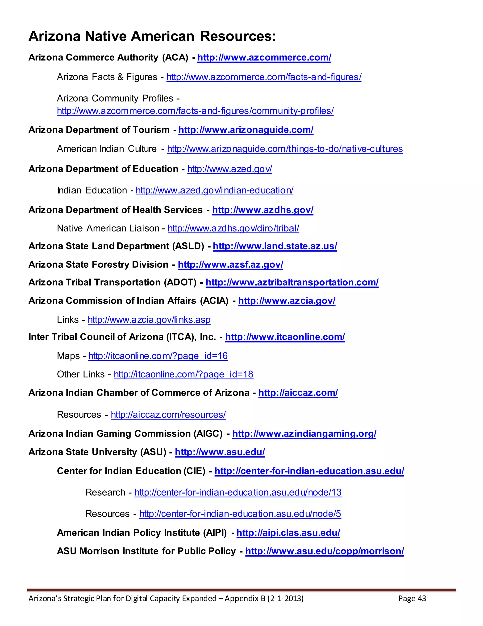 Arizona’s Strategic Plan for Digital Capacity Expanded – Appendix B (2-1-2013) Page 43
Arizona Native American Resources:
Arizona Commerce Authority (ACA) - http://www.azcommerce.com/
Arizona Facts & Figures - http://www.azcommerce.com/facts-and-figures/
Arizona Community Profiles -
http://www.azcommerce.com/facts-and-figures/community-profiles/
Arizona Department of Tourism - http://www.arizonaguide.com/
American Indian Culture - http://www.arizonaguide.com/things-to-do/native-cultures
Arizona Department of Education - http://www.azed.gov/
Indian Education - http://www.azed.gov/indian-education/
Arizona Department of Health Services - http://www.azdhs.gov/
Native American Liaison - http://www.azdhs.gov/diro/tribal/
Arizona State Land Department (ASLD) - http://www.land.state.az.us/
Arizona State Forestry Division - http://www.azsf.az.gov/
Arizona Tribal Transportation (ADOT) - http://www.aztribaltransportation.com/
Arizona Commission of Indian Affairs (ACIA) - http://www.azcia.gov/
Links - http://www.azcia.gov/links.asp
Inter Tribal Council of Arizona (ITCA), Inc. - http://www.itcaonline.com/
Maps - http://itcaonline.com/?page_id=16
Other Links - http://itcaonline.com/?page_id=18
Arizona Indian Chamber of Commerce of Arizona - http://aiccaz.com/
Resources - http://aiccaz.com/resources/
Arizona Indian Gaming Commission (AIGC) - http://www.azindiangaming.org/
Arizona State University (ASU) - http://www.asu.edu/
Center for Indian Education (CIE) - http://center-for-indian-education.asu.edu/
Research - http://center-for-indian-education.asu.edu/node/13
Resources - http://center-for-indian-education.asu.edu/node/5
American Indian Policy Institute (AIPI) - http://aipi.clas.asu.edu/
ASU Morrison Institute for Public Policy - http://www.asu.edu/copp/morrison/
 