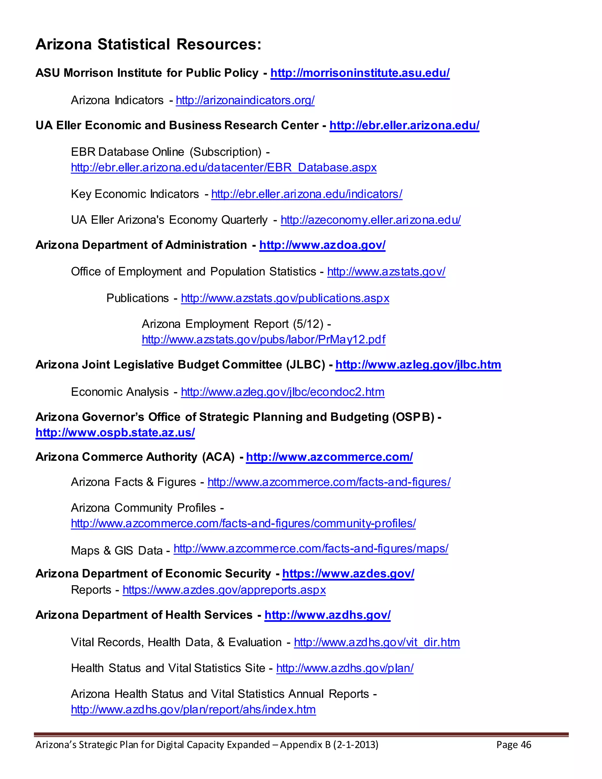 Arizona’s Strategic Plan for Digital Capacity Expanded – Appendix B (2-1-2013) Page 46
Arizona Statistical Resources:
ASU Morrison Institute for Public Policy - http://morrisoninstitute.asu.edu/
Arizona Indicators - http://arizonaindicators.org/
UA Eller Economic and Business Research Center - http://ebr.eller.arizona.edu/
EBR Database Online (Subscription) -
http://ebr.eller.arizona.edu/datacenter/EBR_Database.aspx
Key Economic Indicators - http://ebr.eller.arizona.edu/indicators/
UA Eller Arizona's Economy Quarterly - http://azeconomy.eller.arizona.edu/
Arizona Department of Administration - http://www.azdoa.gov/
Office of Employment and Population Statistics - http://www.azstats.gov/
Publications - http://www.azstats.gov/publications.aspx
Arizona Employment Report (5/12) -
http://www.azstats.gov/pubs/labor/PrMay12.pdf
Arizona Joint Legislative Budget Committee (JLBC) - http://www.azleg.gov/jlbc.htm
Economic Analysis - http://www.azleg.gov/jlbc/econdoc2.htm
Arizona Governor’s Office of Strategic Planning and Budgeting (OSPB) -
http://www.ospb.state.az.us/
Arizona Commerce Authority (ACA) - http://www.azcommerce.com/
Arizona Facts & Figures - http://www.azcommerce.com/facts-and-figures/
Arizona Community Profiles -
http://www.azcommerce.com/facts-and-figures/community-profiles/
Maps & GIS Data - http://www.azcommerce.com/facts-and-figures/maps/
Arizona Department of Economic Security - https://www.azdes.gov/
Reports - https://www.azdes.gov/appreports.aspx
Arizona Department of Health Services - http://www.azdhs.gov/
Vital Records, Health Data, & Evaluation - http://www.azdhs.gov/vit_dir.htm
Health Status and Vital Statistics Site - http://www.azdhs.gov/plan/
Arizona Health Status and Vital Statistics Annual Reports -
http://www.azdhs.gov/plan/report/ahs/index.htm
 