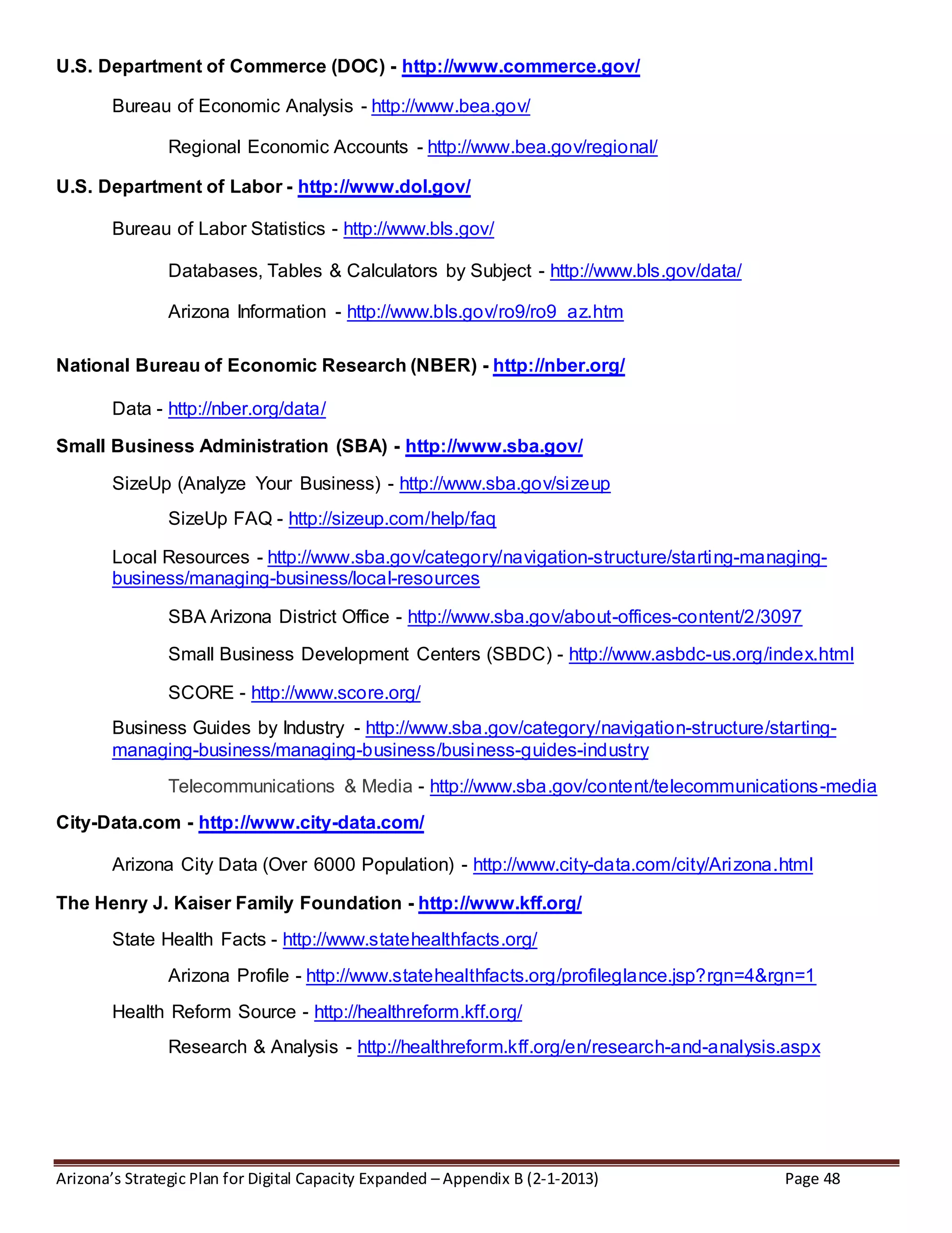 Arizona’s Strategic Plan for Digital Capacity Expanded – Appendix B (2-1-2013) Page 48
U.S. Department of Commerce (DOC) - http://www.commerce.gov/
Bureau of Economic Analysis - http://www.bea.gov/
Regional Economic Accounts - http://www.bea.gov/regional/
U.S. Department of Labor - http://www.dol.gov/
Bureau of Labor Statistics - http://www.bls.gov/
Databases, Tables & Calculators by Subject - http://www.bls.gov/data/
Arizona Information - http://www.bls.gov/ro9/ro9_az.htm
National Bureau of Economic Research (NBER) - http://nber.org/
Data - http://nber.org/data/
Small Business Administration (SBA) - http://www.sba.gov/
SizeUp (Analyze Your Business) - http://www.sba.gov/sizeup
SizeUp FAQ - http://sizeup.com/help/faq
Local Resources - http://www.sba.gov/category/navigation-structure/starting-managing-
business/managing-business/local-resources
SBA Arizona District Office - http://www.sba.gov/about-offices-content/2/3097
Small Business Development Centers (SBDC) - http://www.asbdc-us.org/index.html
SCORE - http://www.score.org/
Business Guides by Industry - http://www.sba.gov/category/navigation-structure/starting-
managing-business/managing-business/business-guides-industry
Telecommunications & Media - http://www.sba.gov/content/telecommunications-media
City-Data.com - http://www.city-data.com/
Arizona City Data (Over 6000 Population) - http://www.city-data.com/city/Arizona.html
The Henry J. Kaiser Family Foundation - http://www.kff.org/
State Health Facts - http://www.statehealthfacts.org/
Arizona Profile - http://www.statehealthfacts.org/profileglance.jsp?rgn=4&rgn=1
Health Reform Source - http://healthreform.kff.org/
Research & Analysis - http://healthreform.kff.org/en/research-and-analysis.aspx
 