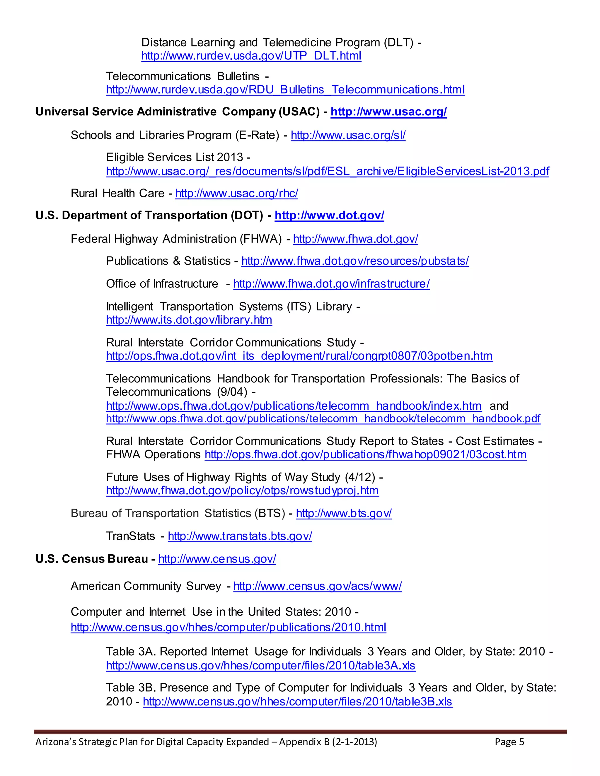 Arizona’s Strategic Plan for Digital Capacity Expanded – Appendix B (2-1-2013) Page 5
Distance Learning and Telemedicine Program (DLT) -
http://www.rurdev.usda.gov/UTP_DLT.html
Telecommunications Bulletins -
http://www.rurdev.usda.gov/RDU_Bulletins_Telecommunications.html
Universal Service Administrative Company (USAC) - http://www.usac.org/
Schools and Libraries Program (E-Rate) - http://www.usac.org/sl/
Eligible Services List 2013 -
http://www.usac.org/_res/documents/sl/pdf/ESL_archive/EligibleServicesList-2013.pdf
Rural Health Care - http://www.usac.org/rhc/
U.S. Department of Transportation (DOT) - http://www.dot.gov/
Federal Highway Administration (FHWA) - http://www.fhwa.dot.gov/
Publications & Statistics - http://www.fhwa.dot.gov/resources/pubstats/
Office of Infrastructure - http://www.fhwa.dot.gov/infrastructure/
Intelligent Transportation Systems (ITS) Library -
http://www.its.dot.gov/library.htm
Rural Interstate Corridor Communications Study -
http://ops.fhwa.dot.gov/int_its_deployment/rural/congrpt0807/03potben.htm
Telecommunications Handbook for Transportation Professionals: The Basics of
Telecommunications (9/04) -
http://www.ops.fhwa.dot.gov/publications/telecomm_handbook/index.htm and
http://www.ops.fhwa.dot.gov/publications/telecomm_handbook/telecomm_handbook.pdf
Rural Interstate Corridor Communications Study Report to States - Cost Estimates -
FHWA Operations http://ops.fhwa.dot.gov/publications/fhwahop09021/03cost.htm
Future Uses of Highway Rights of Way Study (4/12) -
http://www.fhwa.dot.gov/policy/otps/rowstudyproj.htm
Bureau of Transportation Statistics (BTS) - http://www.bts.gov/
TranStats - http://www.transtats.bts.gov/
U.S. Census Bureau - http://www.census.gov/
American Community Survey - http://www.census.gov/acs/www/
Computer and Internet Use in the United States: 2010 -
http://www.census.gov/hhes/computer/publications/2010.html
Table 3A. Reported Internet Usage for Individuals 3 Years and Older, by State: 2010 -
http://www.census.gov/hhes/computer/files/2010/table3A.xls
Table 3B. Presence and Type of Computer for Individuals 3 Years and Older, by State:
2010 - http://www.census.gov/hhes/computer/files/2010/table3B.xls
 