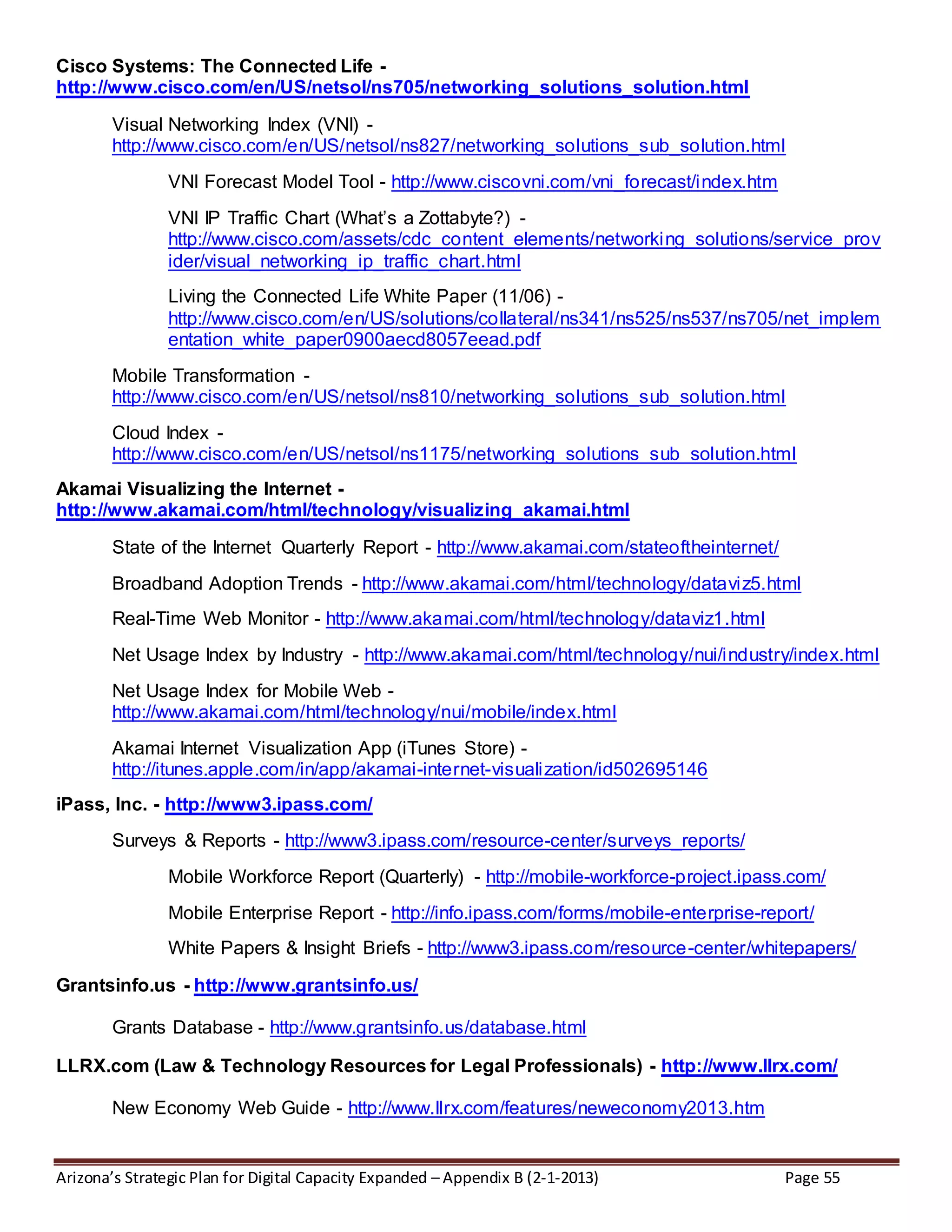 Arizona’s Strategic Plan for Digital Capacity Expanded – Appendix B (2-1-2013) Page 55
Cisco Systems: The Connected Life -
http://www.cisco.com/en/US/netsol/ns705/networking_solutions_solution.html
Visual Networking Index (VNI) -
http://www.cisco.com/en/US/netsol/ns827/networking_solutions_sub_solution.html
VNI Forecast Model Tool - http://www.ciscovni.com/vni_forecast/index.htm
VNI IP Traffic Chart (What’s a Zottabyte?) -
http://www.cisco.com/assets/cdc_content_elements/networking_solutions/service_prov
ider/visual_networking_ip_traffic_chart.html
Living the Connected Life White Paper (11/06) -
http://www.cisco.com/en/US/solutions/collateral/ns341/ns525/ns537/ns705/net_implem
entation_white_paper0900aecd8057eead.pdf
Mobile Transformation -
http://www.cisco.com/en/US/netsol/ns810/networking_solutions_sub_solution.html
Cloud Index -
http://www.cisco.com/en/US/netsol/ns1175/networking_solutions_sub_solution.html
Akamai Visualizing the Internet -
http://www.akamai.com/html/technology/visualizing_akamai.html
State of the Internet Quarterly Report - http://www.akamai.com/stateoftheinternet/
Broadband Adoption Trends - http://www.akamai.com/html/technology/dataviz5.html
Real-Time Web Monitor - http://www.akamai.com/html/technology/dataviz1.html
Net Usage Index by Industry - http://www.akamai.com/html/technology/nui/industry/index.html
Net Usage Index for Mobile Web -
http://www.akamai.com/html/technology/nui/mobile/index.html
Akamai Internet Visualization App (iTunes Store) -
http://itunes.apple.com/in/app/akamai-internet-visualization/id502695146
iPass, Inc. - http://www3.ipass.com/
Surveys & Reports - http://www3.ipass.com/resource-center/surveys_reports/
Mobile Workforce Report (Quarterly) - http://mobile-workforce-project.ipass.com/
Mobile Enterprise Report - http://info.ipass.com/forms/mobile-enterprise-report/
White Papers & Insight Briefs - http://www3.ipass.com/resource-center/whitepapers/
Grantsinfo.us - http://www.grantsinfo.us/
Grants Database - http://www.grantsinfo.us/database.html
LLRX.com (Law & Technology Resources for Legal Professionals) - http://www.llrx.com/
New Economy Web Guide - http://www.llrx.com/features/neweconomy2013.htm
 