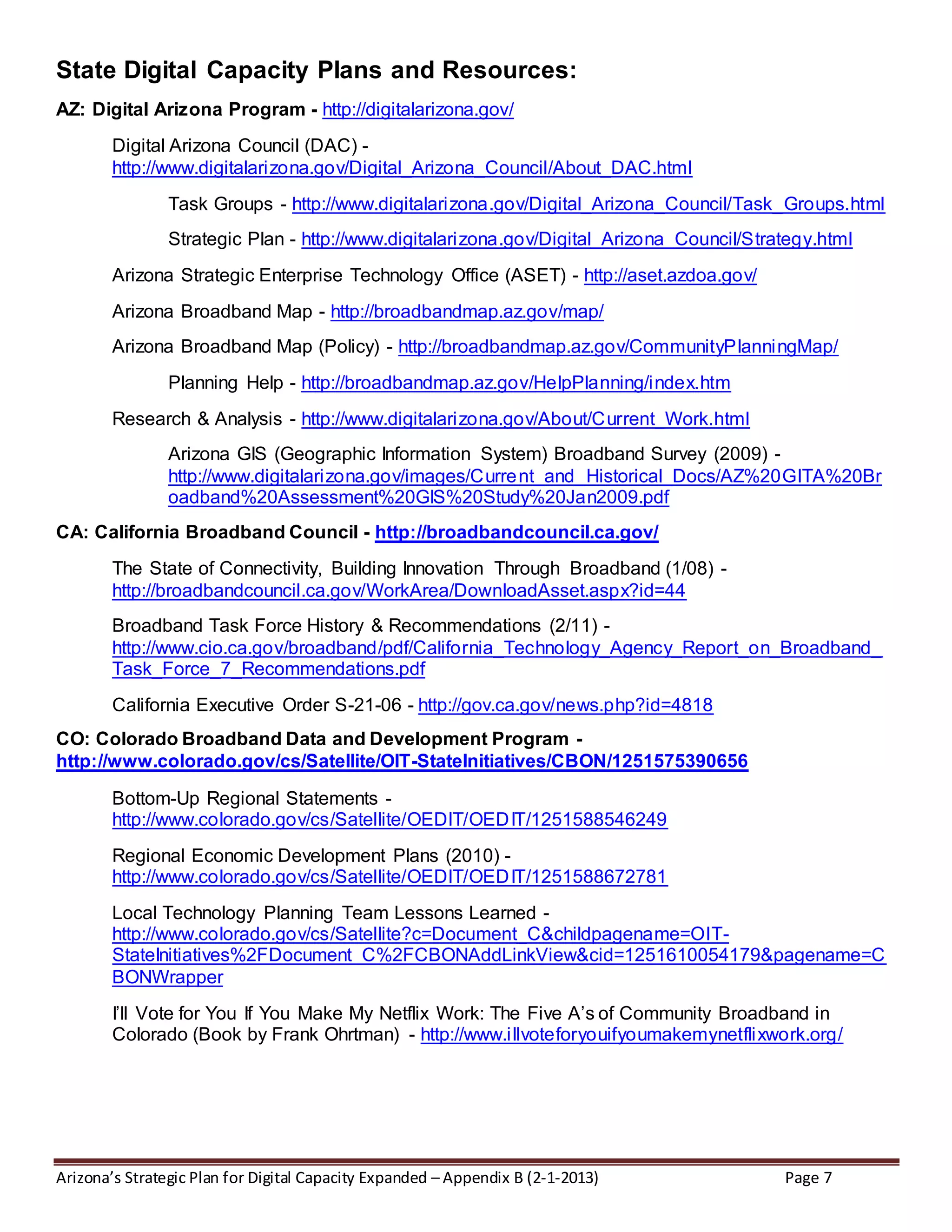Arizona’s Strategic Plan for Digital Capacity Expanded – Appendix B (2-1-2013) Page 7
State Digital Capacity Plans and Resources:
AZ: Digital Arizona Program - http://digitalarizona.gov/
Digital Arizona Council (DAC) -
http://www.digitalarizona.gov/Digital_Arizona_Council/About_DAC.html
Task Groups - http://www.digitalarizona.gov/Digital_Arizona_Council/Task_Groups.html
Strategic Plan - http://www.digitalarizona.gov/Digital_Arizona_Council/Strategy.html
Arizona Strategic Enterprise Technology Office (ASET) - http://aset.azdoa.gov/
Arizona Broadband Map - http://broadbandmap.az.gov/map/
Arizona Broadband Map (Policy) - http://broadbandmap.az.gov/CommunityPlanningMap/
Planning Help - http://broadbandmap.az.gov/HelpPlanning/index.htm
Research & Analysis - http://www.digitalarizona.gov/About/Current_Work.html
Arizona GIS (Geographic Information System) Broadband Survey (2009) -
http://www.digitalarizona.gov/images/Current_and_Historical_Docs/AZ%20GITA%20Br
oadband%20Assessment%20GIS%20Study%20Jan2009.pdf
CA: California Broadband Council - http://broadbandcouncil.ca.gov/
The State of Connectivity, Building Innovation Through Broadband (1/08) -
http://broadbandcouncil.ca.gov/WorkArea/DownloadAsset.aspx?id=44
Broadband Task Force History & Recommendations (2/11) -
http://www.cio.ca.gov/broadband/pdf/California_Technology_Agency_Report_on_Broadband_
Task_Force_7_Recommendations.pdf
California Executive Order S-21-06 - http://gov.ca.gov/news.php?id=4818
CO: Colorado Broadband Data and Development Program -
http://www.colorado.gov/cs/Satellite/OIT-StateInitiatives/CBON/1251575390656
Bottom-Up Regional Statements -
http://www.colorado.gov/cs/Satellite/OEDIT/OEDIT/1251588546249
Regional Economic Development Plans (2010) -
http://www.colorado.gov/cs/Satellite/OEDIT/OEDIT/1251588672781
Local Technology Planning Team Lessons Learned -
http://www.colorado.gov/cs/Satellite?c=Document_C&childpagename=OIT-
StateInitiatives%2FDocument_C%2FCBONAddLinkView&cid=1251610054179&pagename=C
BONWrapper
I’ll Vote for You If You Make My Netflix Work: The Five A’s of Community Broadband in
Colorado (Book by Frank Ohrtman) - http://www.illvoteforyouifyoumakemynetflixwork.org/
 