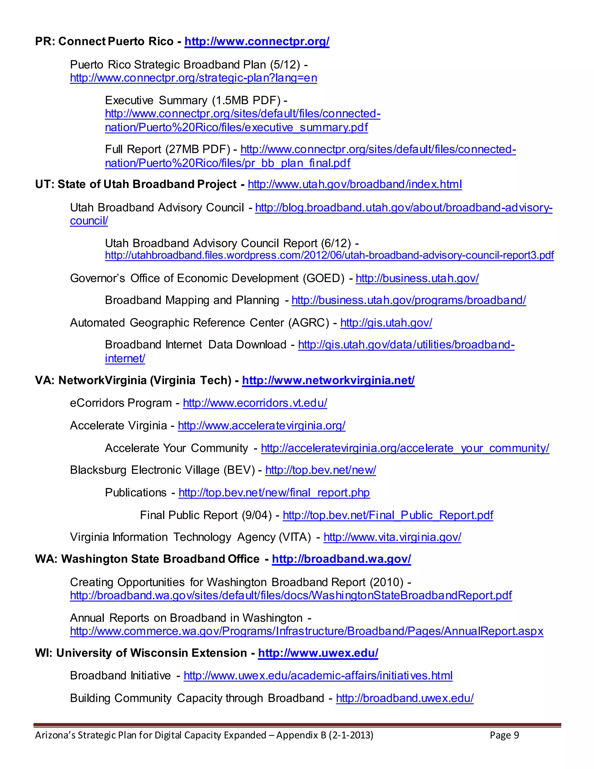 Arizona’s Strategic Plan for Digital Capacity Expanded – Appendix B (2-1-2013) Page 9
PR: Connect Puerto Rico - http://www.connectpr.org/
Puerto Rico Strategic Broadband Plan (5/12) -
http://www.connectpr.org/strategic-plan?lang=en
Executive Summary (1.5MB PDF) -
http://www.connectpr.org/sites/default/files/connected-
nation/Puerto%20Rico/files/executive_summary.pdf
Full Report (27MB PDF) - http://www.connectpr.org/sites/default/files/connected-
nation/Puerto%20Rico/files/pr_bb_plan_final.pdf
UT: State of Utah Broadband Project - http://www.utah.gov/broadband/index.html
Utah Broadband Advisory Council - http://blog.broadband.utah.gov/about/broadband-advisory-
council/
Utah Broadband Advisory Council Report (6/12) -
http://utahbroadband.files.wordpress.com/2012/06/utah-broadband-advisory-council-report3.pdf
Governor’s Office of Economic Development (GOED) - http://business.utah.gov/
Broadband Mapping and Planning - http://business.utah.gov/programs/broadband/
Automated Geographic Reference Center (AGRC) - http://gis.utah.gov/
Broadband Internet Data Download - http://gis.utah.gov/data/utilities/broadband-
internet/
VA: NetworkVirginia (Virginia Tech) - http://www.networkvirginia.net/
eCorridors Program - http://www.ecorridors.vt.edu/
Accelerate Virginia - http://www.acceleratevirginia.org/
Accelerate Your Community - http://acceleratevirginia.org/accelerate_your_community/
Blacksburg Electronic Village (BEV) - http://top.bev.net/new/
Publications - http://top.bev.net/new/final_report.php
Final Public Report (9/04) - http://top.bev.net/Final_Public_Report.pdf
Virginia Information Technology Agency (VITA) - http://www.vita.virginia.gov/
WA: Washington State Broadband Office - http://broadband.wa.gov/
Creating Opportunities for Washington Broadband Report (2010) -
http://broadband.wa.gov/sites/default/files/docs/WashingtonStateBroadbandReport.pdf
Annual Reports on Broadband in Washington -
http://www.commerce.wa.gov/Programs/Infrastructure/Broadband/Pages/AnnualReport.aspx
WI: University of Wisconsin Extension - http://www.uwex.edu/
Broadband Initiative - http://www.uwex.edu/academic-affairs/initiatives.html
Building Community Capacity through Broadband - http://broadband.uwex.edu/
 