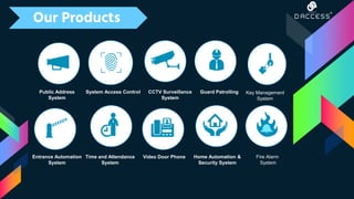 Our Products
System Access Control CCTV Surveillance
System
Guard Patrolling
Entrance Automation
System
Public Address
System
Video Door Phone Home Automation &
Security System
Key Management
System
Fire Alarm
System
Time and Attendance
System
 