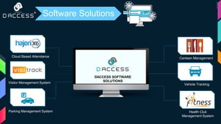 Cloud Based Attendance
Visitor Management System Vehicle Tracking
Canteen Management
Health Club
Management System
DACCESS SOFTWARE
SOLUTIONS
Software Solutions
Parking Management System
 